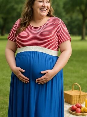 Chris & Carol Plus Maternity Red & white stripes and blue maxi dress Size 3X